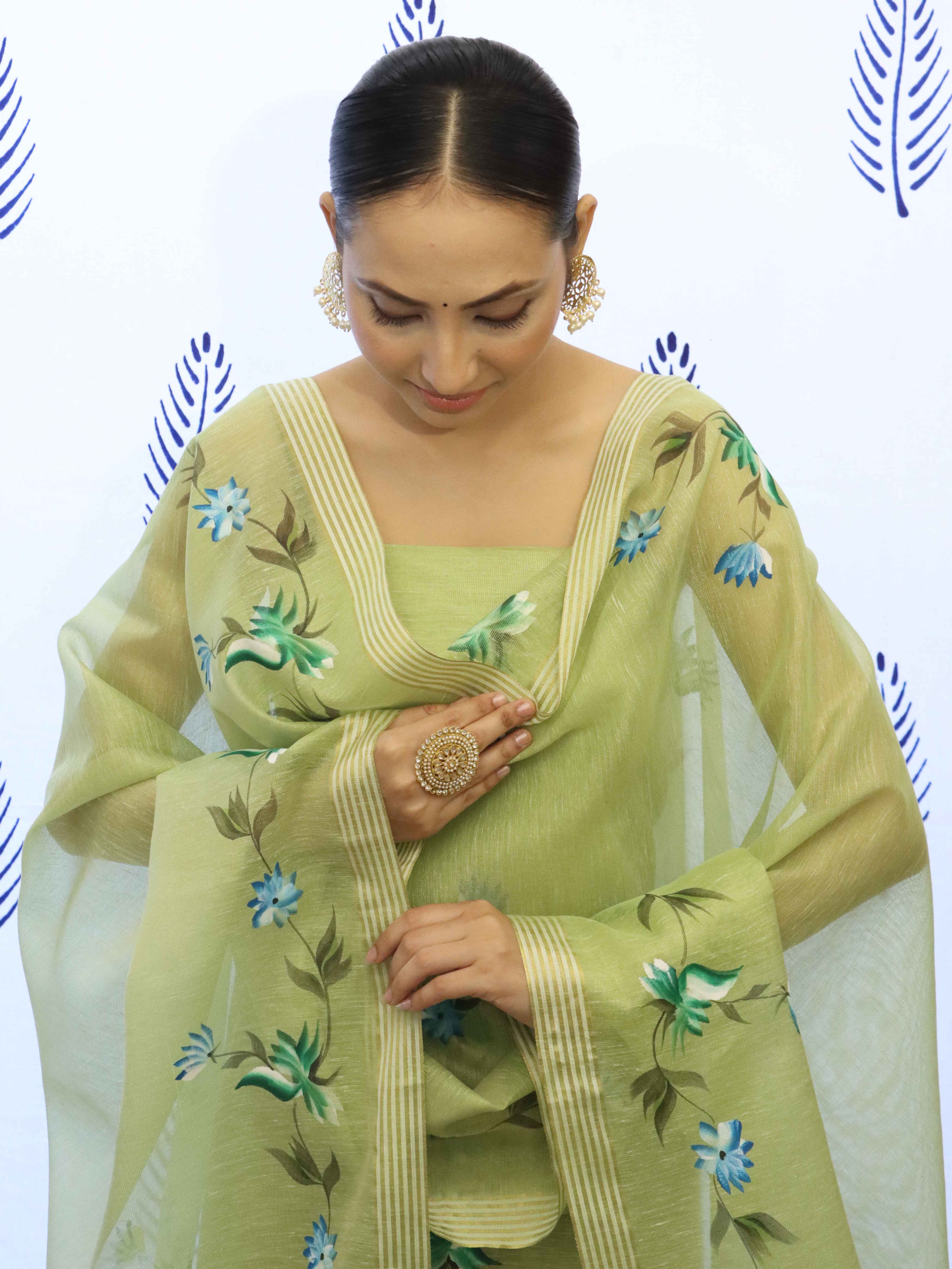 Banarasee Tissue Hand-Painted Salwar Kameez Fabric With Dupatta Set-Light Green