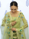 Banarasee Tissue Hand-Painted Salwar Kameez Fabric With Dupatta Set-Light Green