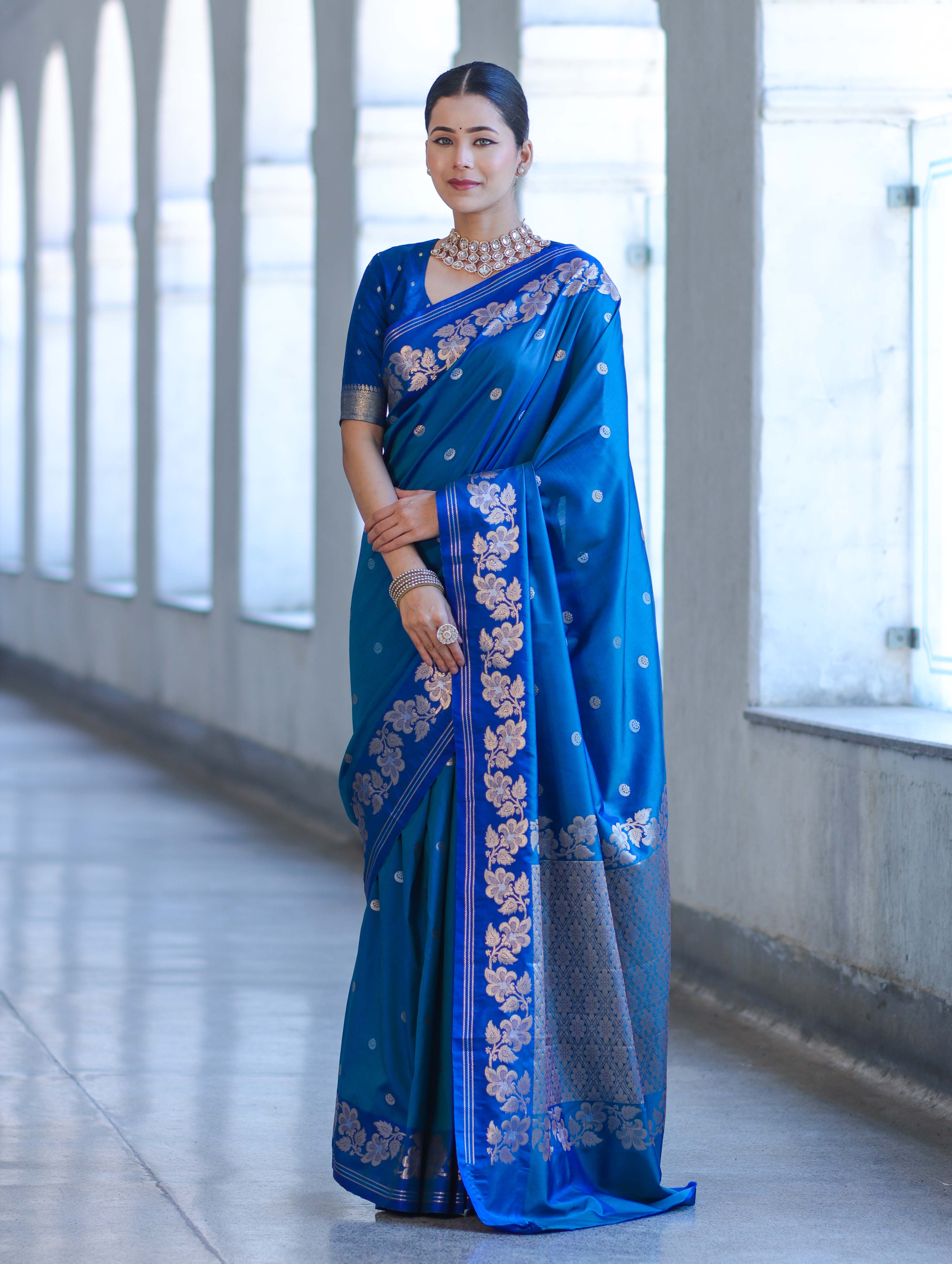 Banarasee Handloom Semi Silk Saree With Sona Rupa Zari Buti Design & Floral Border-Blue