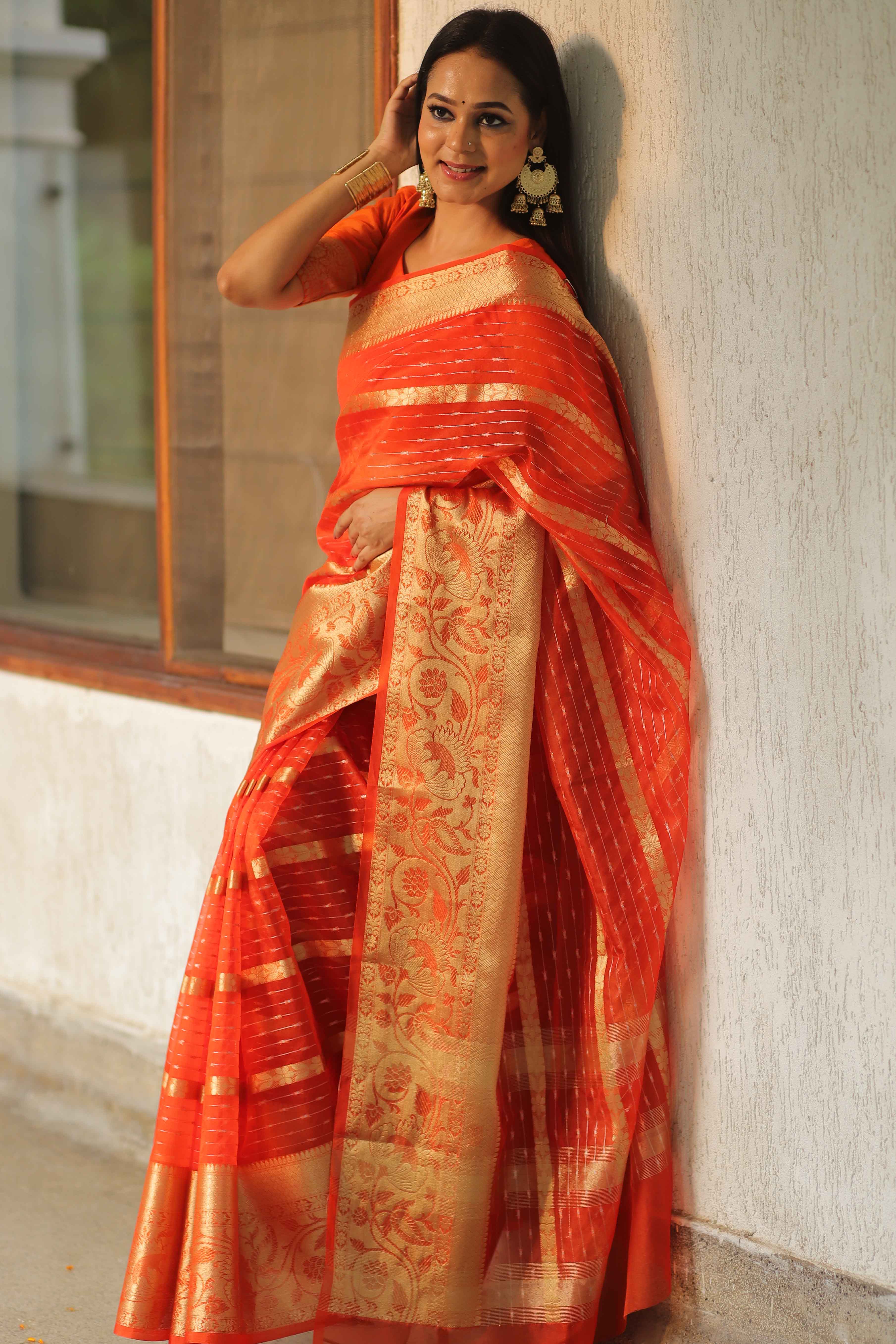 Banarasee Organza Mix Saree With Stripes Design & Broad Border-Orange