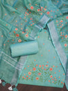 Bhagalpuri Pure Linen Salwar Kameez & Dupatta With Thread-Embroidered Floral Work-Mint Green