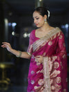 Banarasee Tissue Saree With Hand Embroidered Mirror Work & Zari Woven Design-Magenta