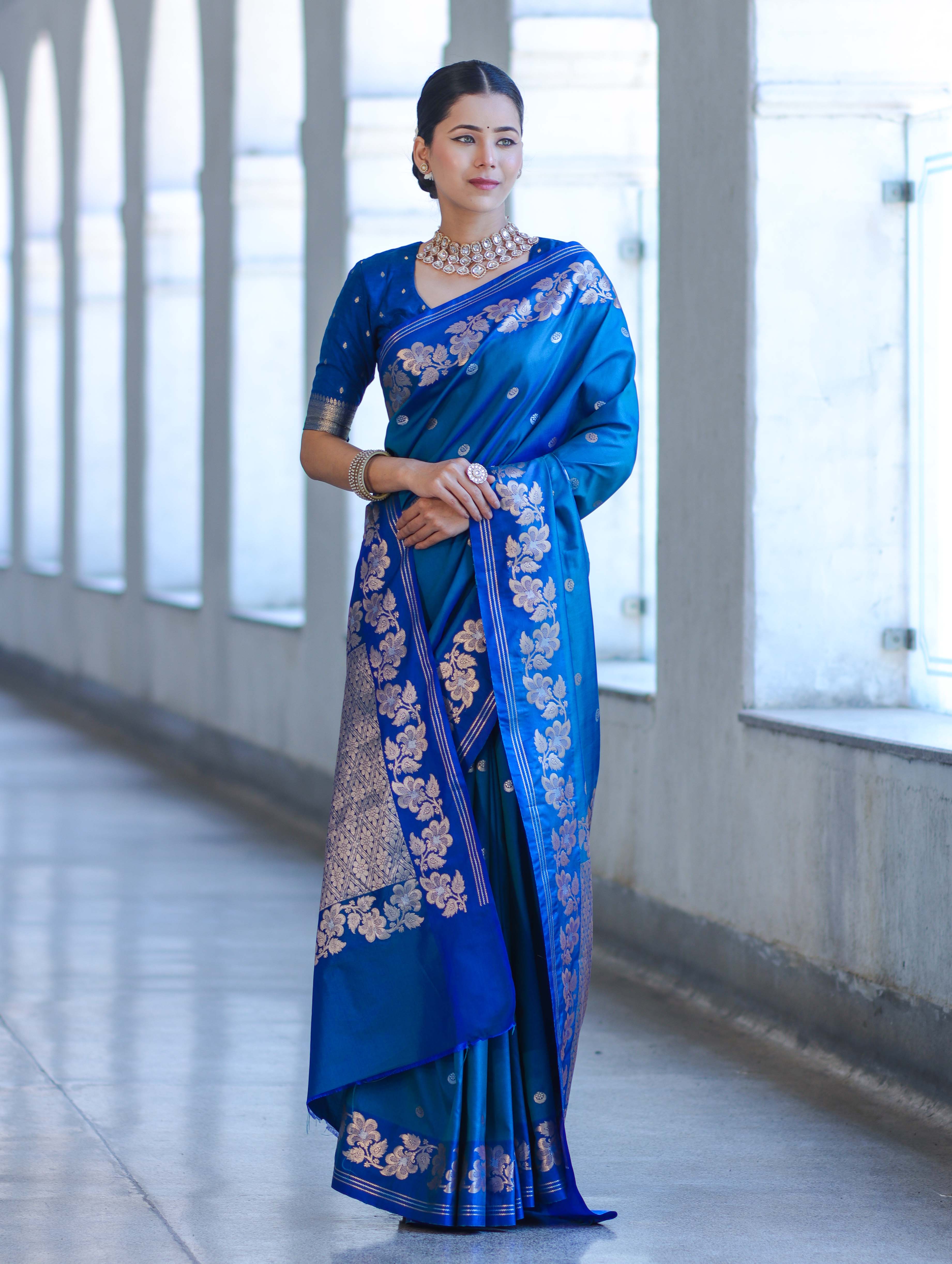 Banarasee Handloom Semi Silk Saree With Sona Rupa Zari Buti Design & Floral Border-Blue