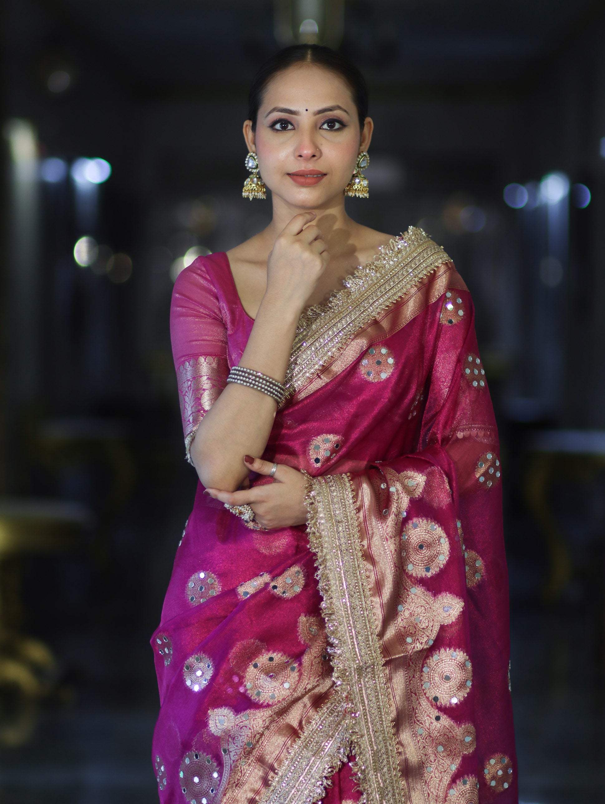 Banarasee Tissue Saree With Hand Embroidered Mirror Work & Zari Woven Design-Magenta