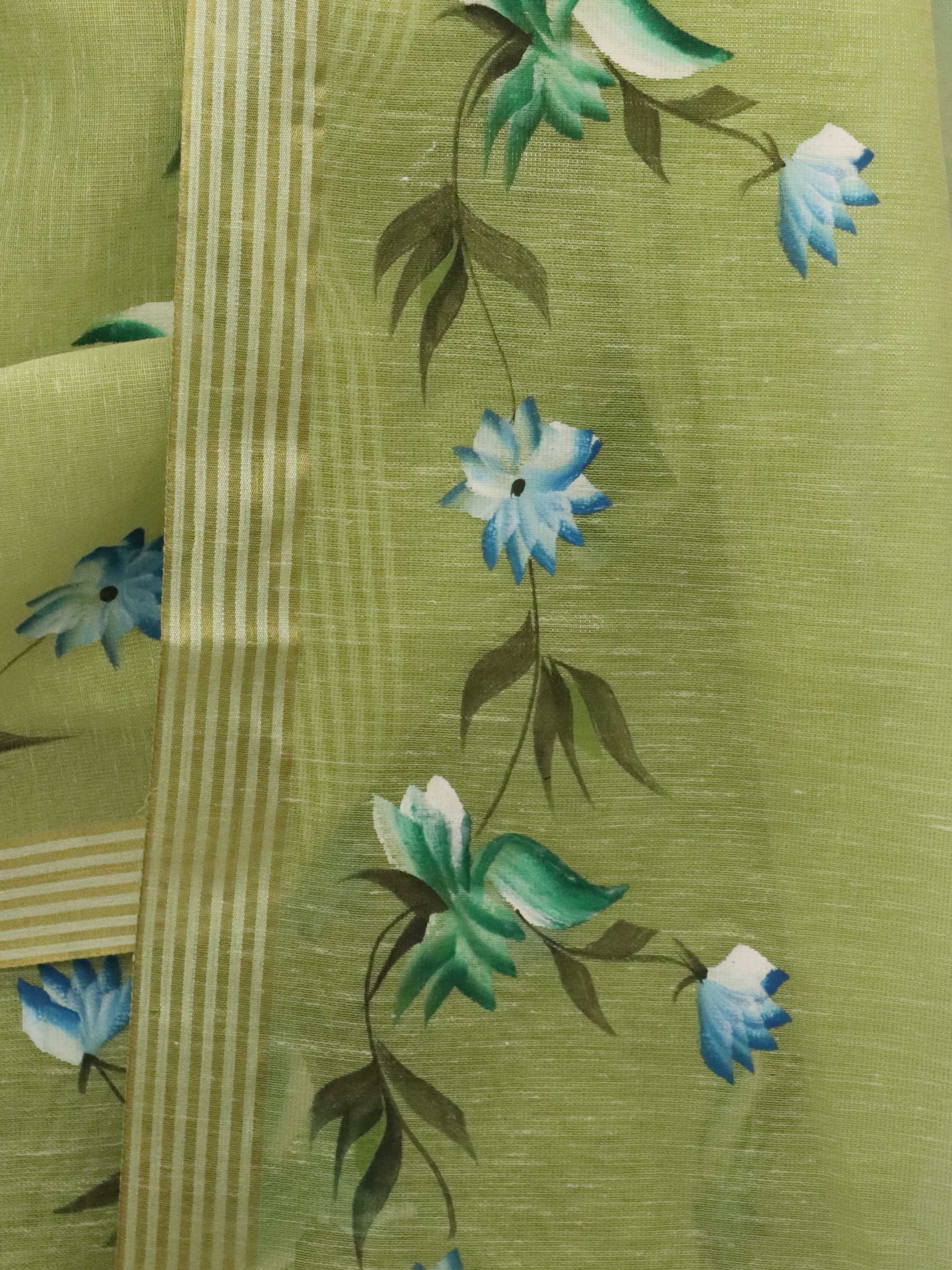 Banarasee Tissue Hand-Painted Salwar Kameez Fabric With Dupatta Set-Light Green