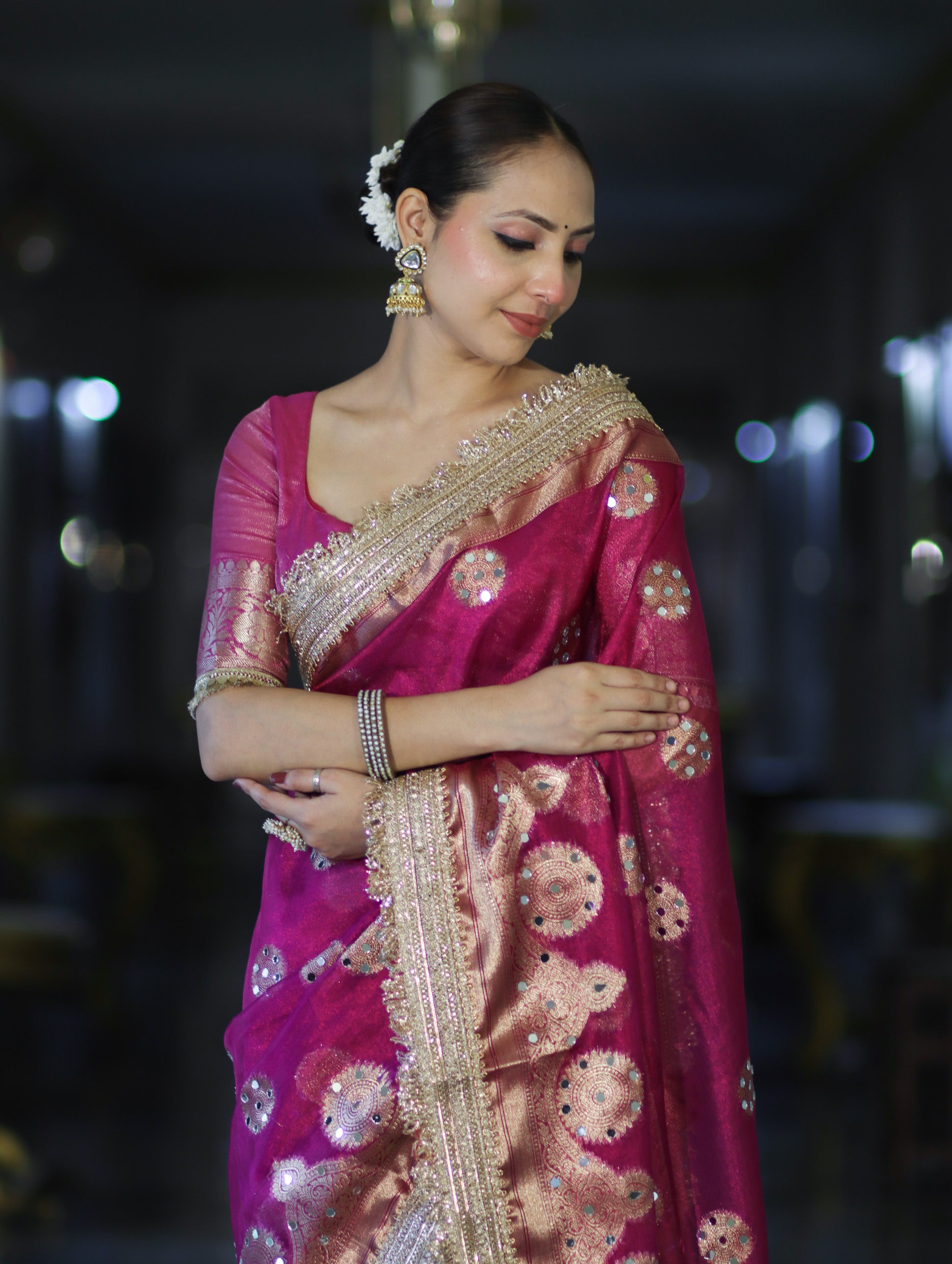 Banarasee Tissue Saree With Hand Embroidered Mirror Work & Zari Woven Design-Magenta
