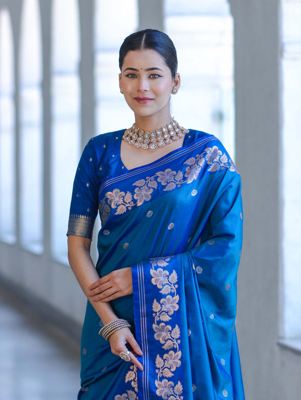 Banarasee Handloom Semi Silk Saree With Sona Rupa Zari Buti Design & Floral Border-Blue
