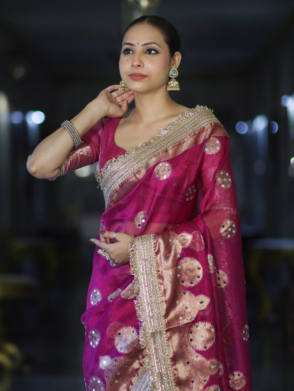 Banarasee Tissue Saree With Hand Embroidered Mirror Work & Zari Woven Design-Magenta