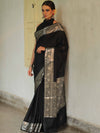 Banarasee Handwoven Semi Silk Saree With Silver Zari Border-Black