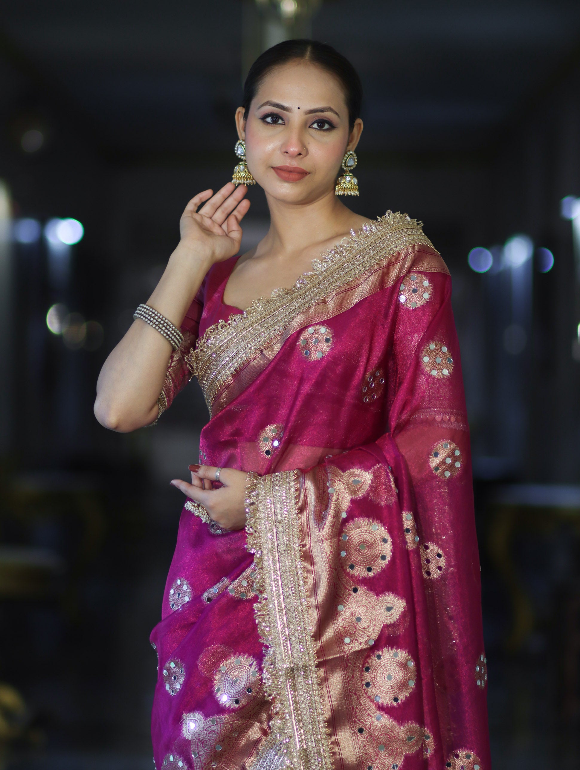 Banarasee Tissue Saree With Hand Embroidered Mirror Work & Zari Woven Design-Magenta