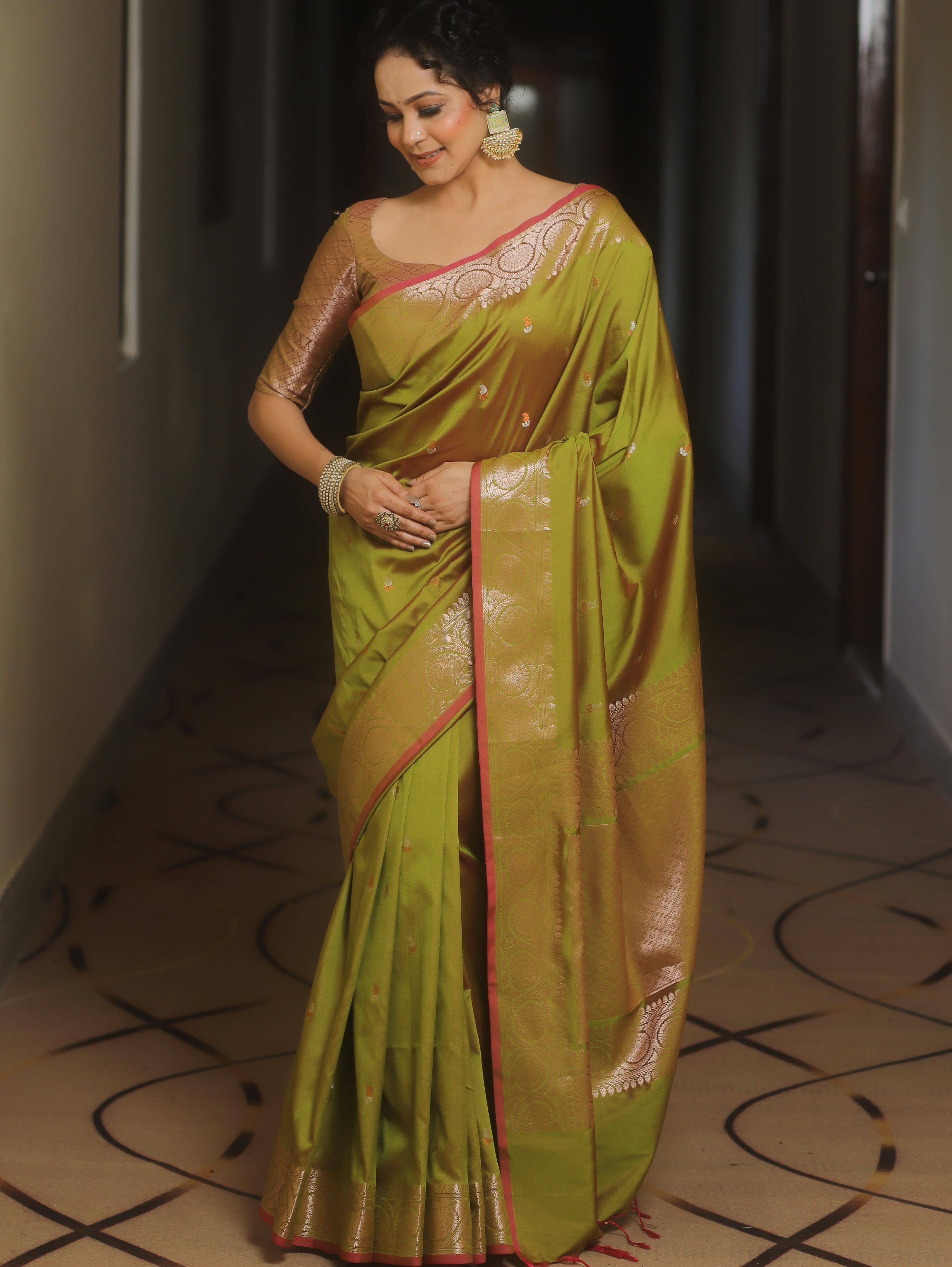 Banarasee Handwoven Semi Silk Saree With Zari Buti Design-Olive Green (Dual Tone)