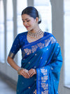 Banarasee Handloom Semi Silk Saree With Sona Rupa Zari Buti Design & Floral Border-Blue