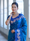 Banarasee Handloom Semi Silk Saree With Sona Rupa Zari Buti Design & Floral Border-Blue