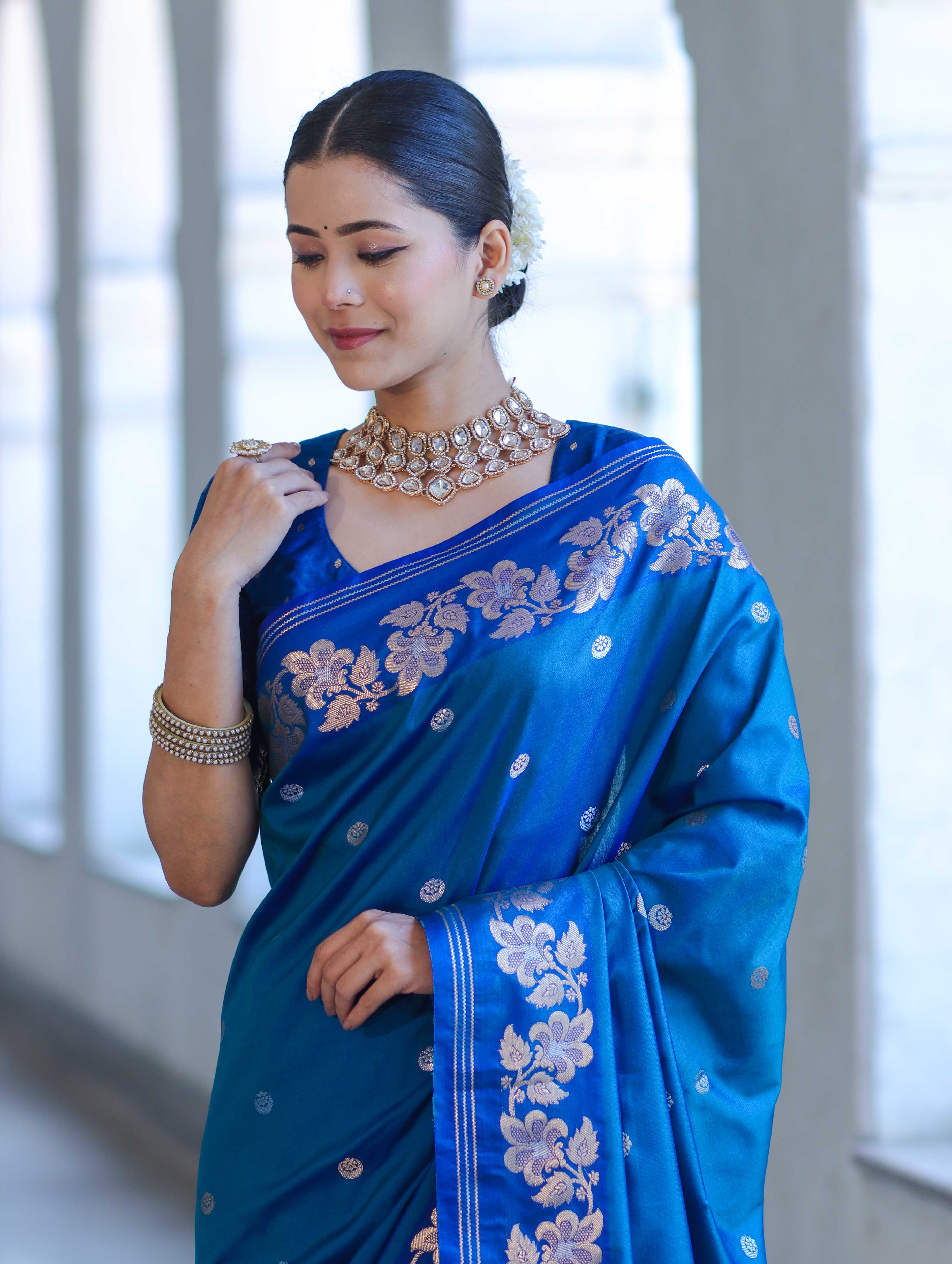 Banarasee Handloom Semi Silk Saree With Sona Rupa Zari Buti Design & Floral Border-Blue