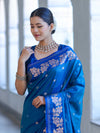Banarasee Handloom Semi Silk Saree With Sona Rupa Zari Buti Design & Floral Border-Blue