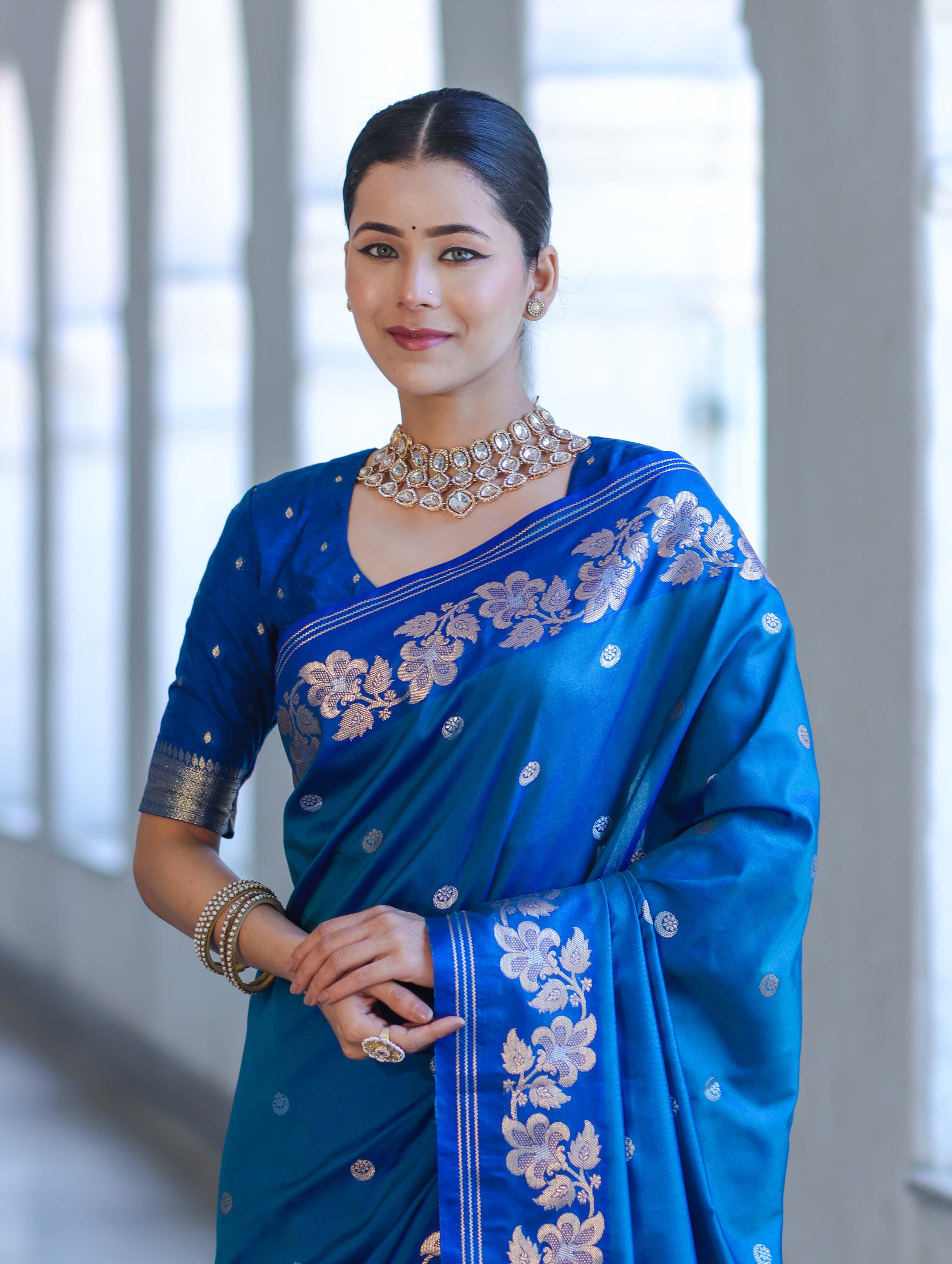 Banarasee Handloom Semi Silk Saree With Sona Rupa Zari Buti Design & Floral Border-Blue