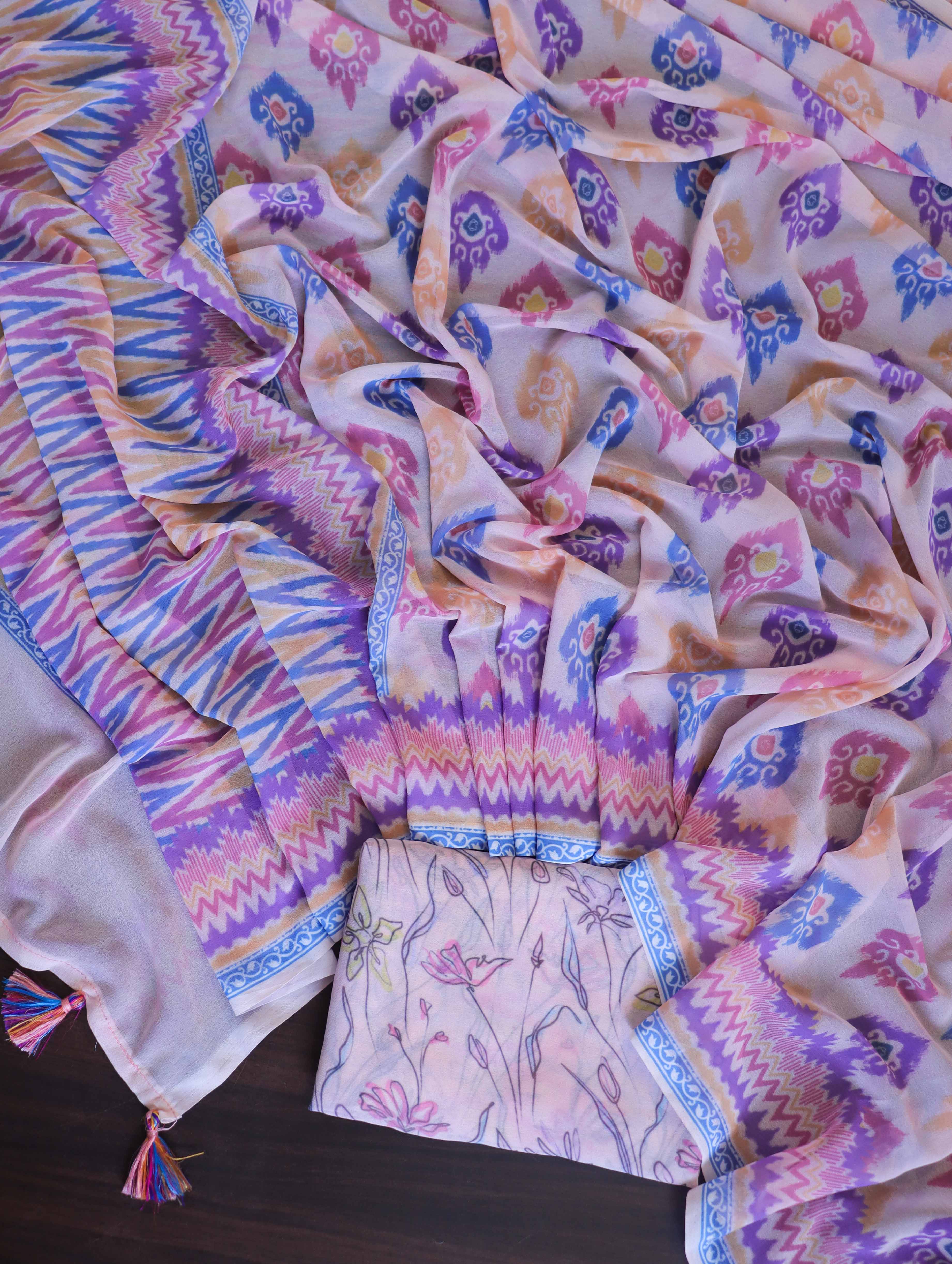 Banarasee Handwoven Faux Georgette Saree With Ikkat Print Design-Blush Pink