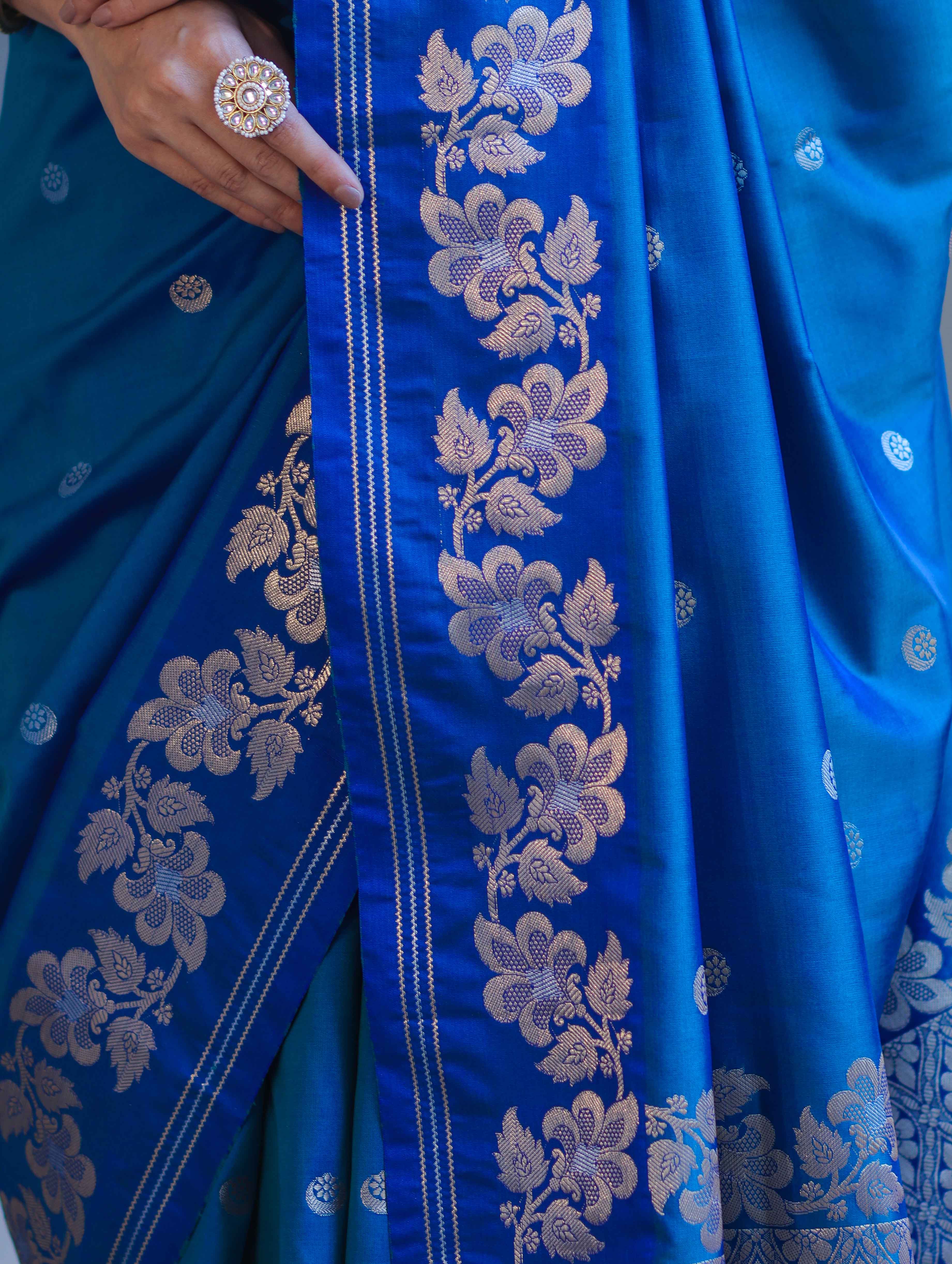 Banarasee Handloom Semi Silk Saree With Sona Rupa Zari Buti Design & Floral Border-Blue