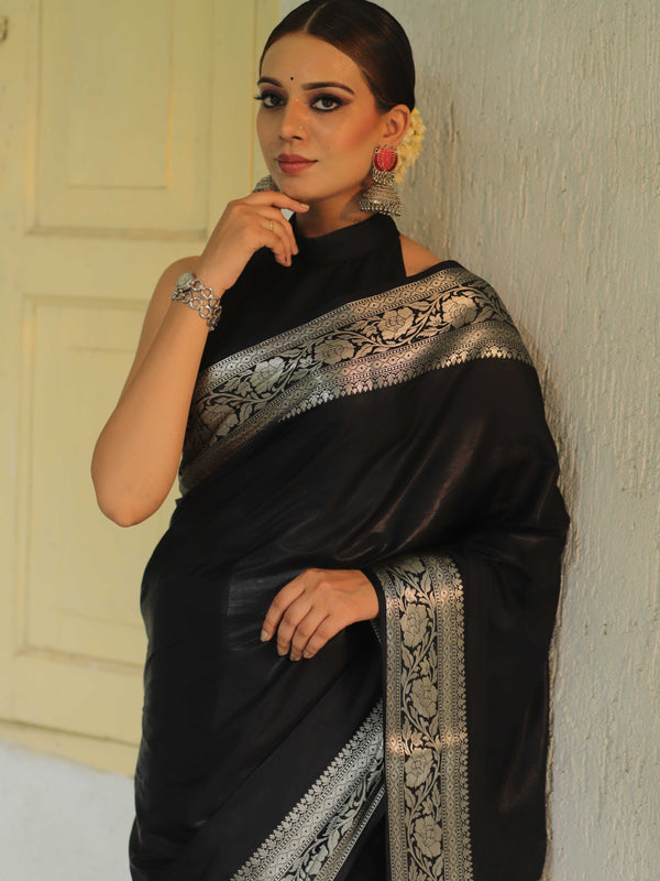 Banarasee Handwoven Semi Silk Saree With Silver Zari Border-Black