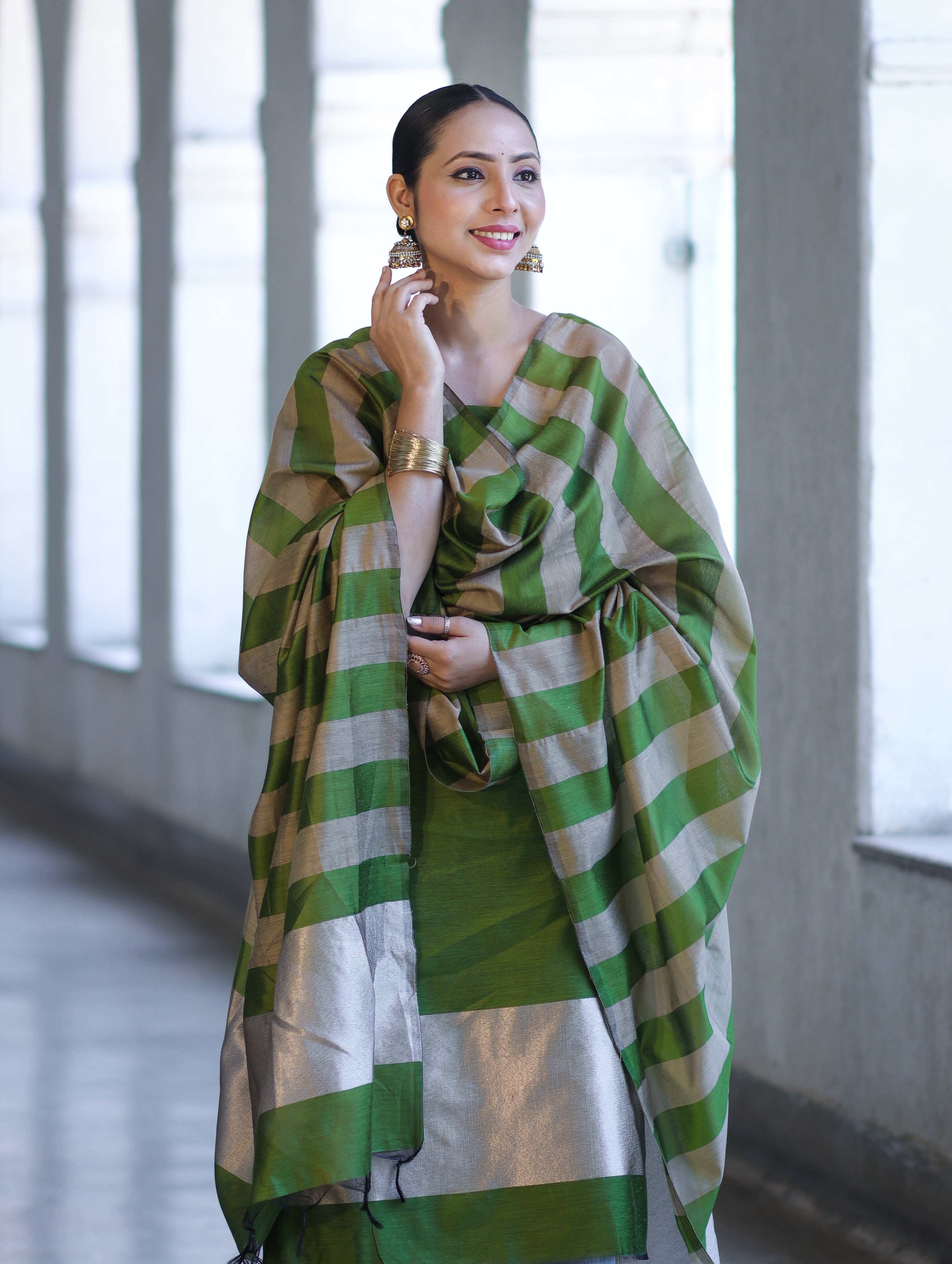 Banarasee Cotton Silk Stripe Pattern Salwar Kameez Fabric With Dupatta Set-Green