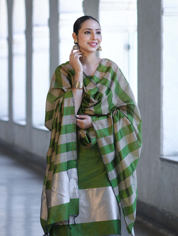 Banarasee Cotton Silk Stripe Pattern Salwar Kameez Fabric With Dupatta Set-Green