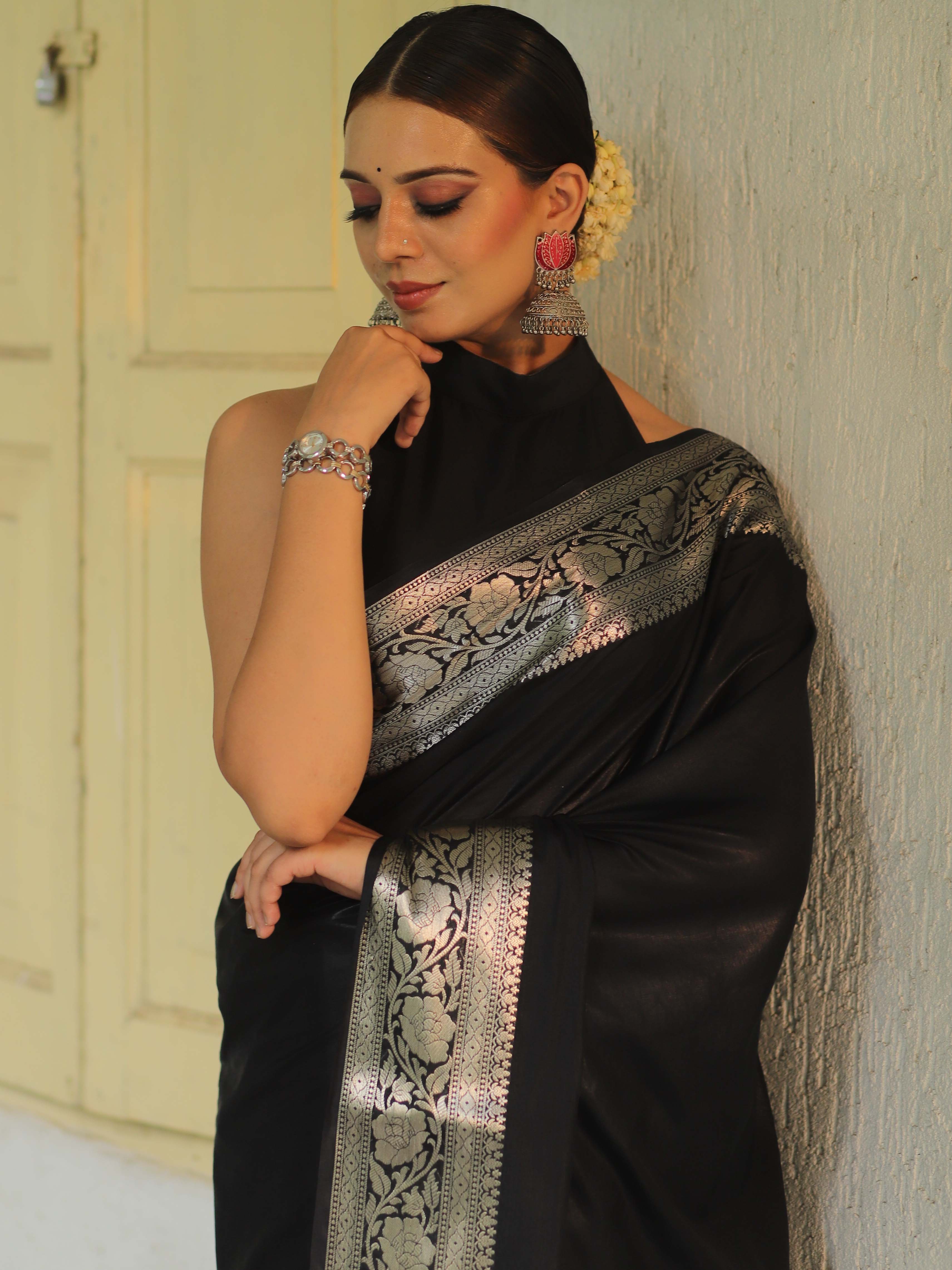 Banarasee Handwoven Semi Silk Saree With Silver Zari Border-Black