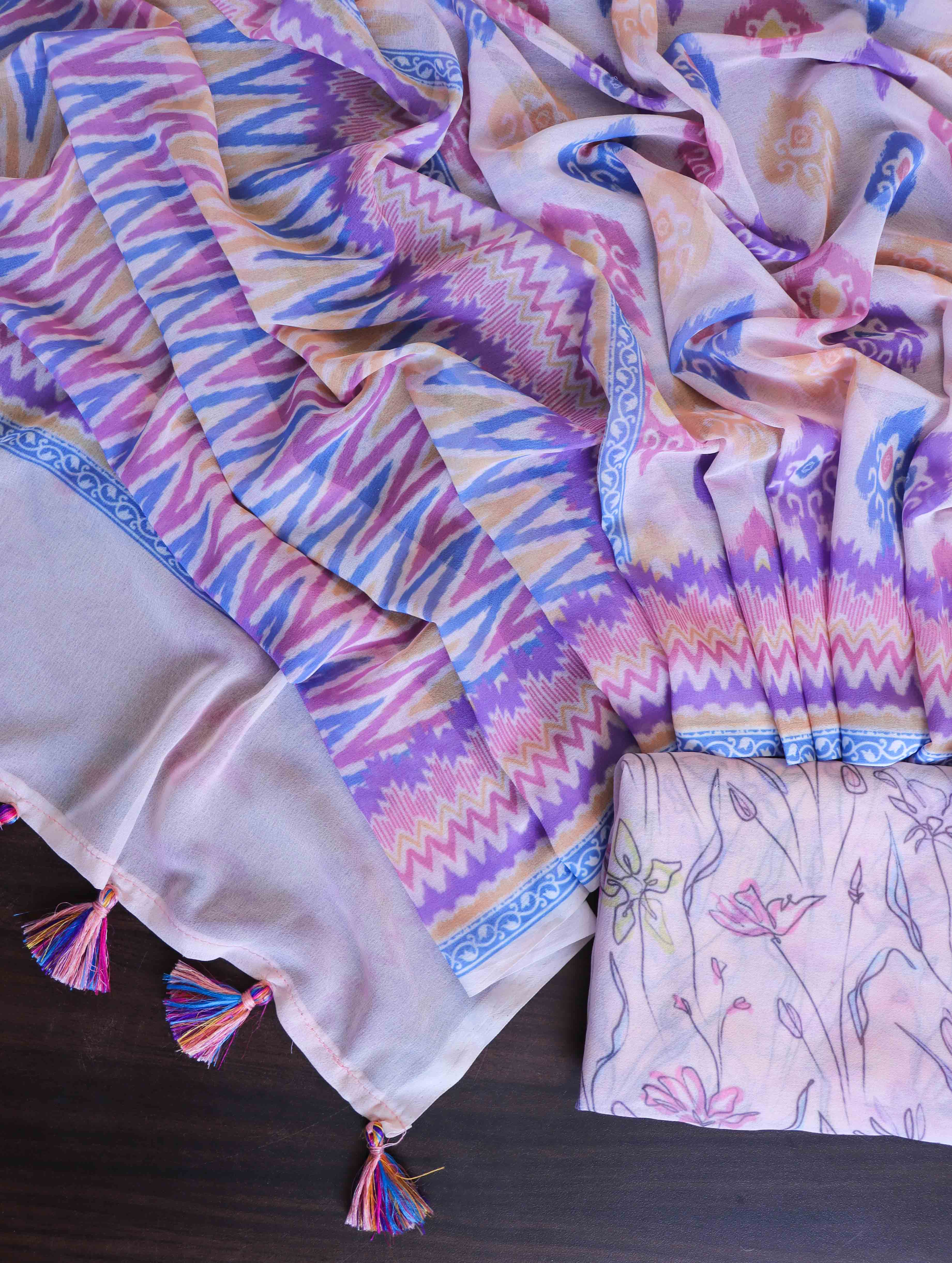 Banarasee Handwoven Faux Georgette Saree With Ikkat Print Design-Blush Pink