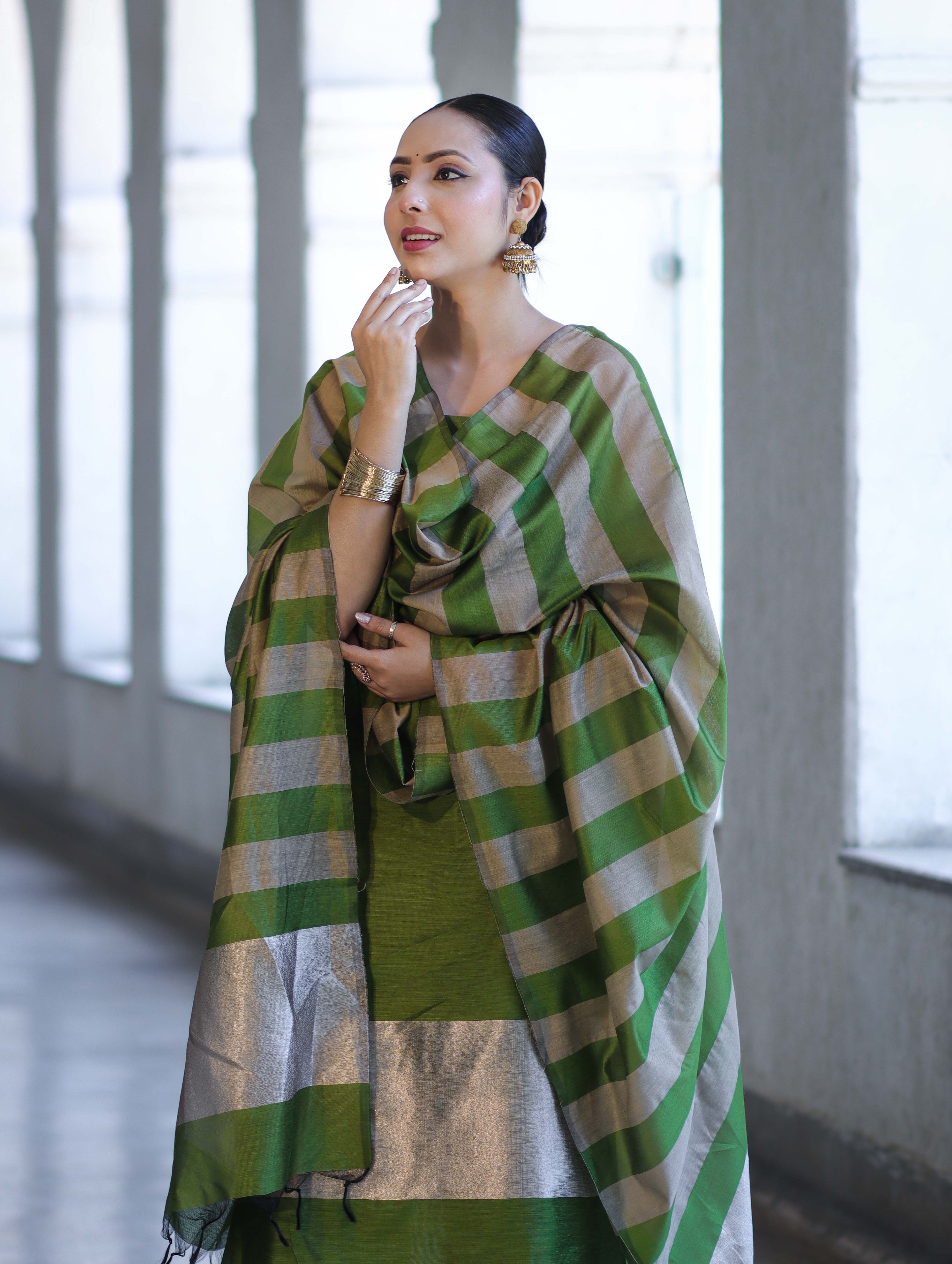 Banarasee Cotton Silk Stripe Pattern Salwar Kameez Fabric With Dupatta Set-Green