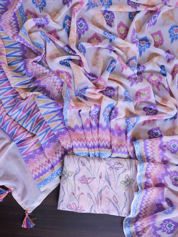 Banarasee Handwoven Faux Georgette Saree With Ikkat Print Design-Blush Pink