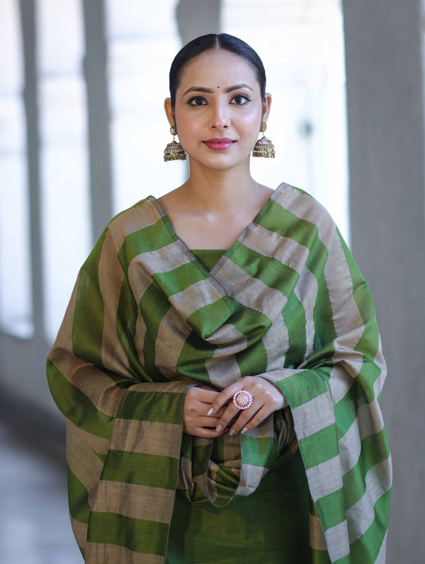 Banarasee Cotton Silk Stripe Pattern Salwar Kameez Fabric With Dupatta Set-Green