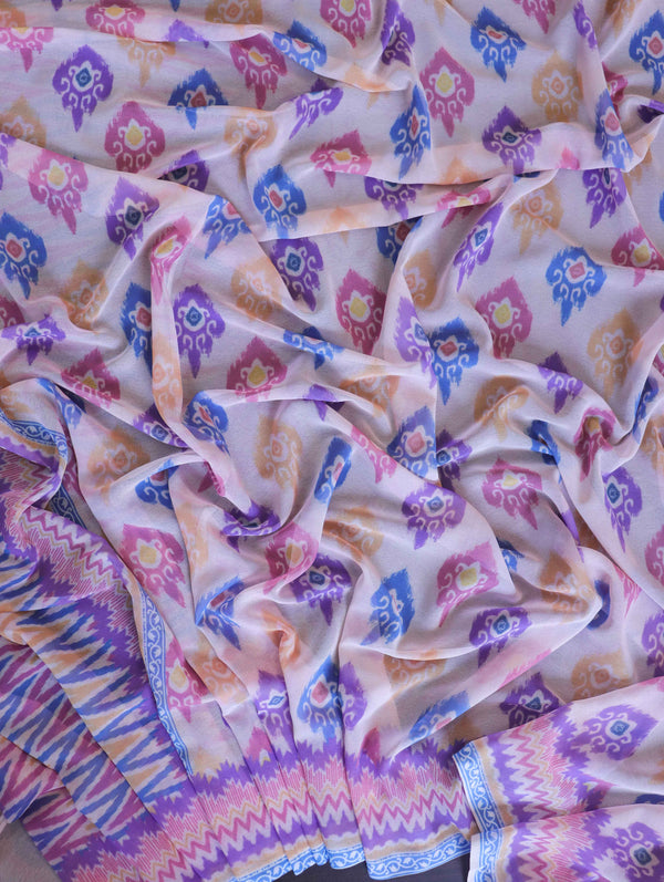 Banarasee Handwoven Faux Georgette Saree With Ikkat Print Design-Blush Pink