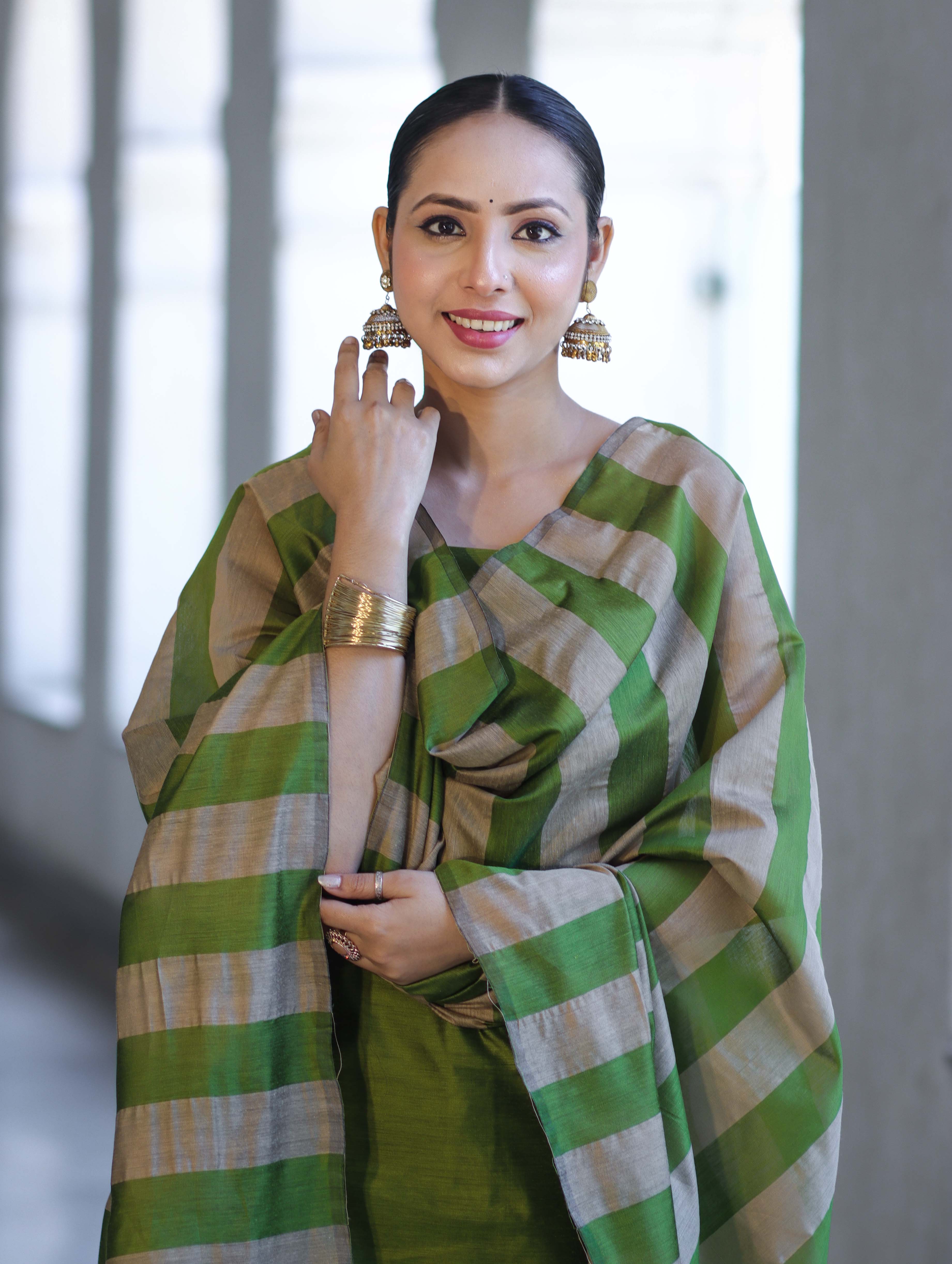 Banarasee Cotton Silk Stripe Pattern Salwar Kameez Fabric With Dupatta Set-Green