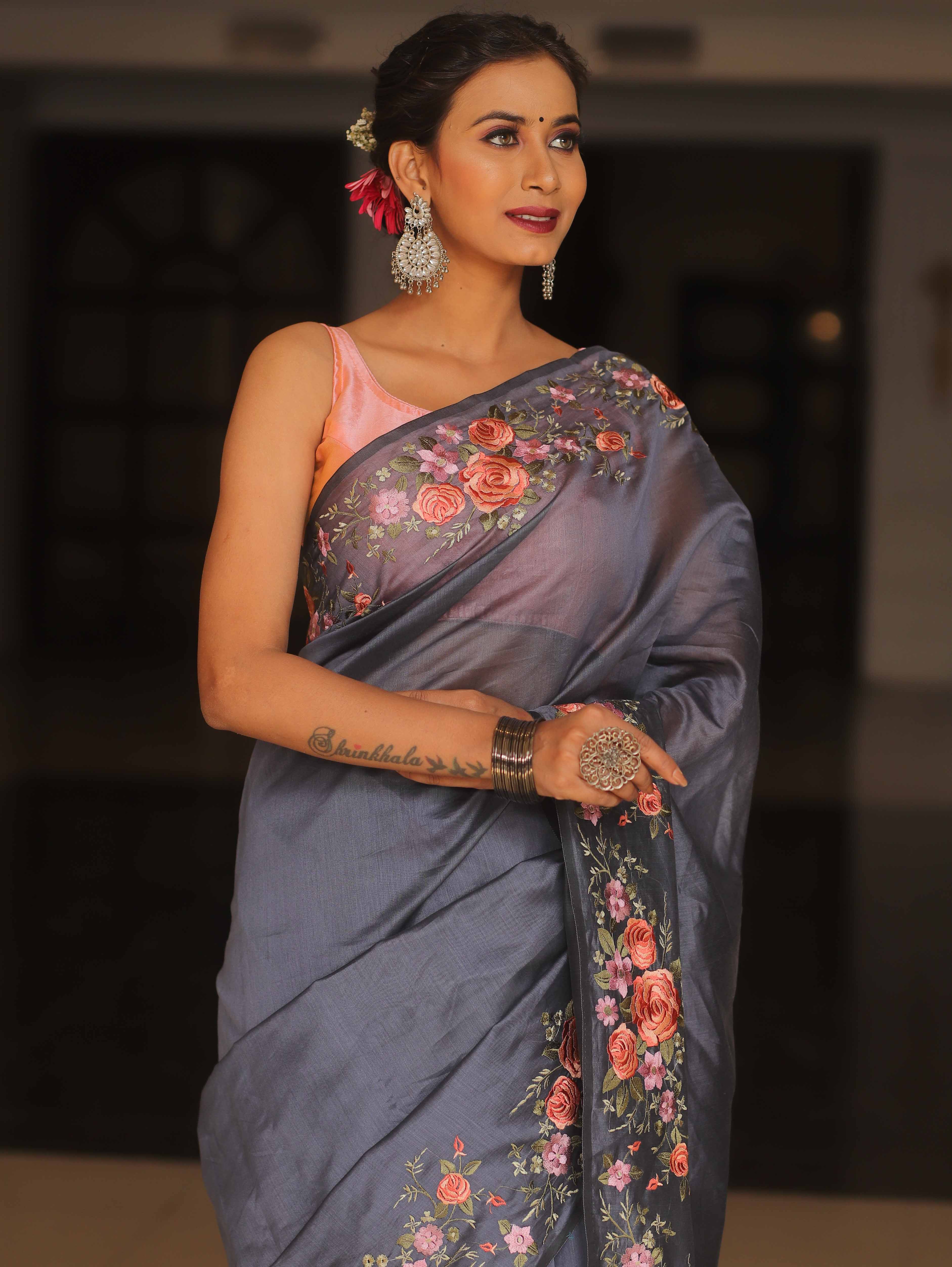 Banarasee Chanderi Cotton Floral Embroidered Saree-Grey