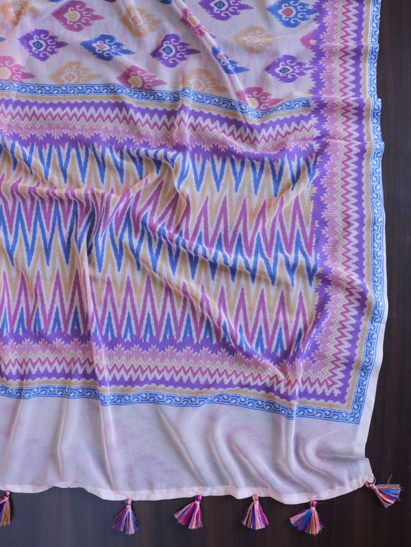 Banarasee Handwoven Faux Georgette Saree With Ikkat Print Design-Blush Pink