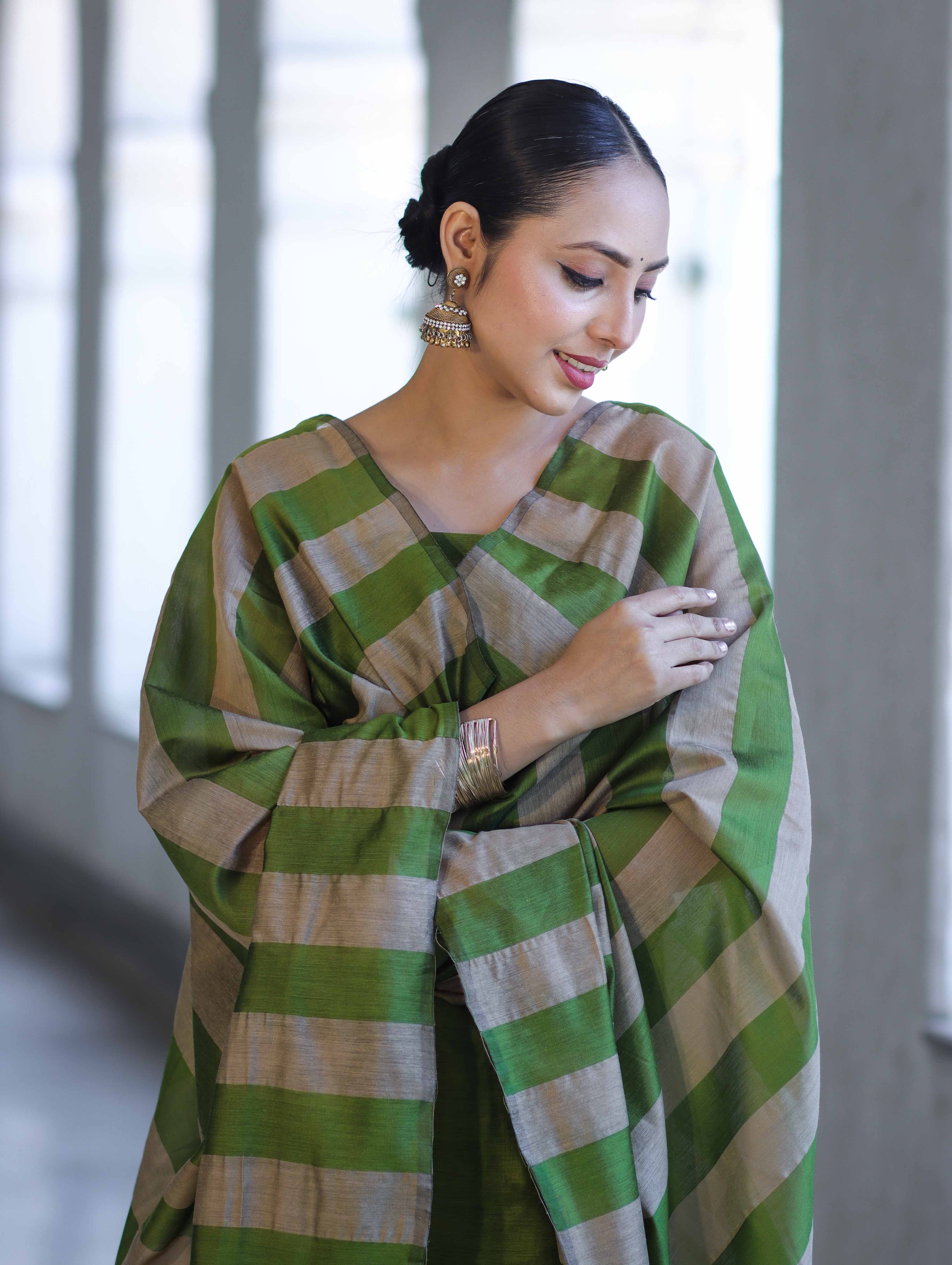 Banarasee Cotton Silk Stripe Pattern Salwar Kameez Fabric With Dupatta Set-Green