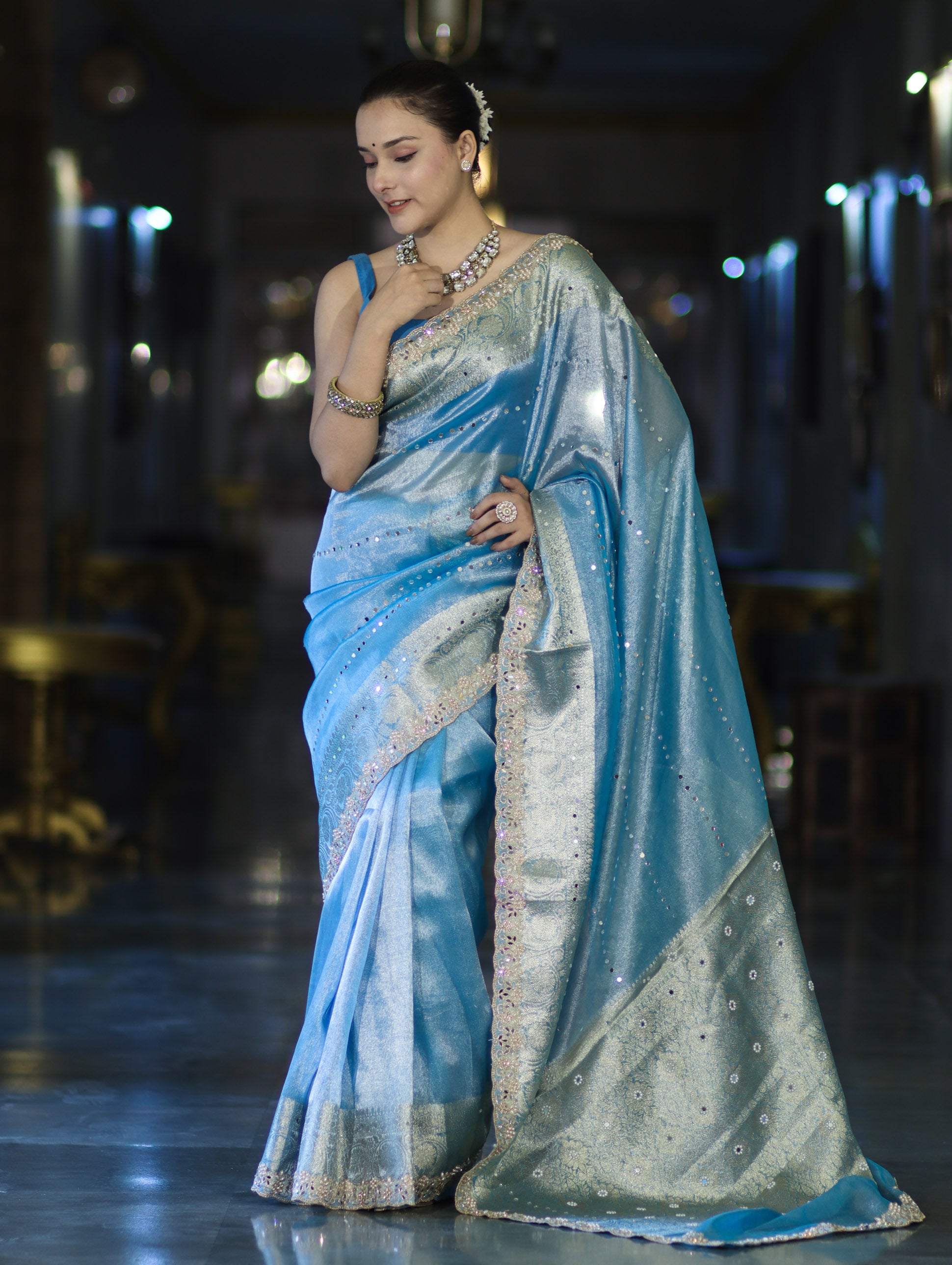 Banarasee Tissue Saree With Handwork Pearl Motifs Mirror Work & Scallop Border-Powder Blue