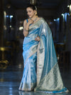 Banarasee Tissue Saree With Handwork Pearl Motifs Mirror Work & Scallop Border-Powder Blue