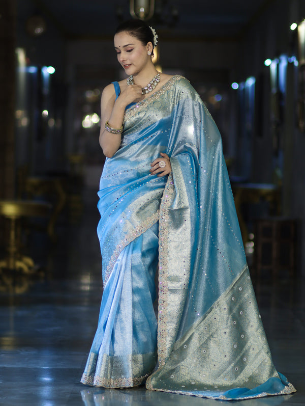 Banarasee Tissue Saree With Handwork Pearl Motifs Mirror Work & Scallop Border-Powder Blue