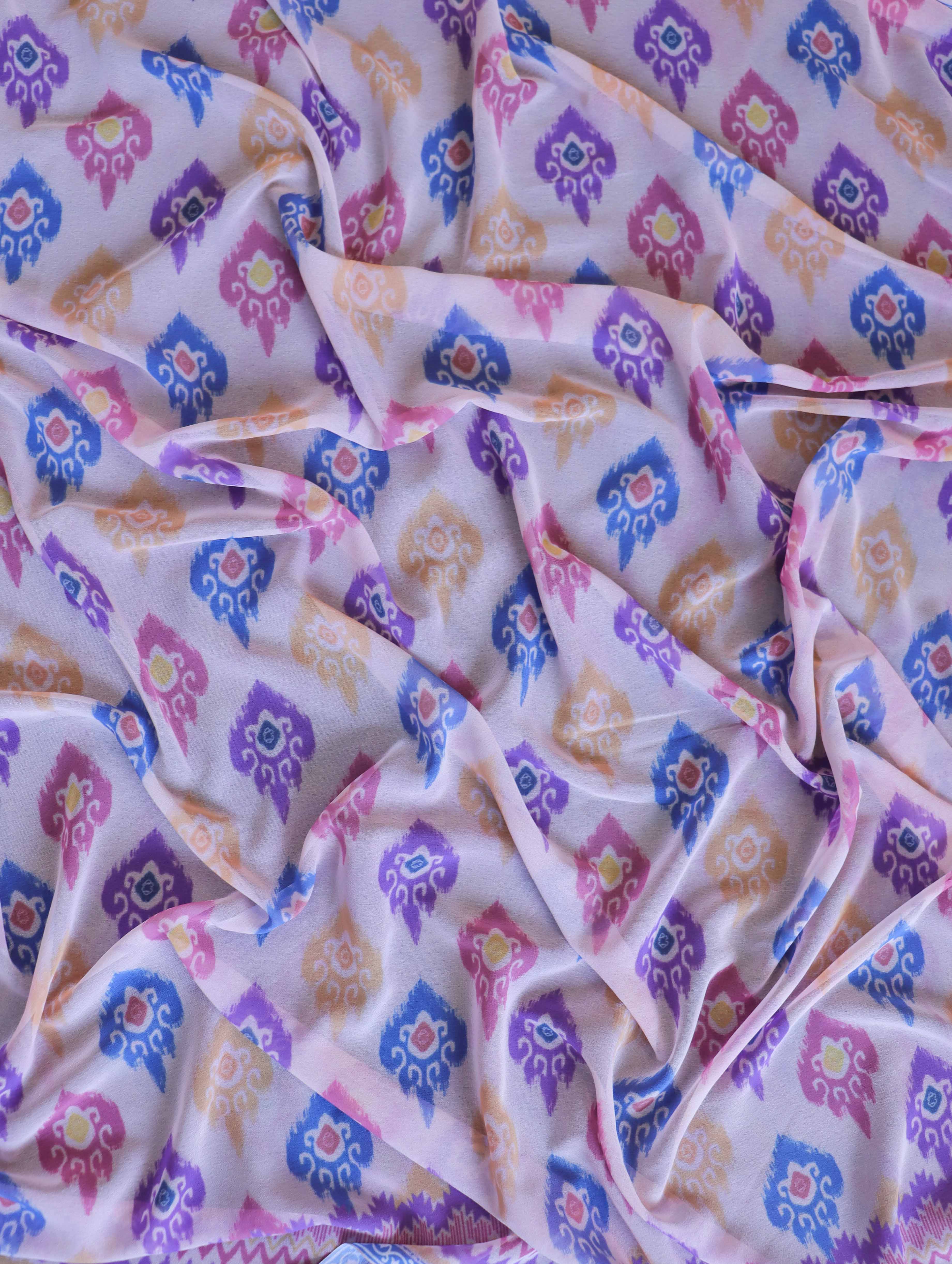 Banarasee Handwoven Faux Georgette Saree With Ikkat Print Design-Blush Pink