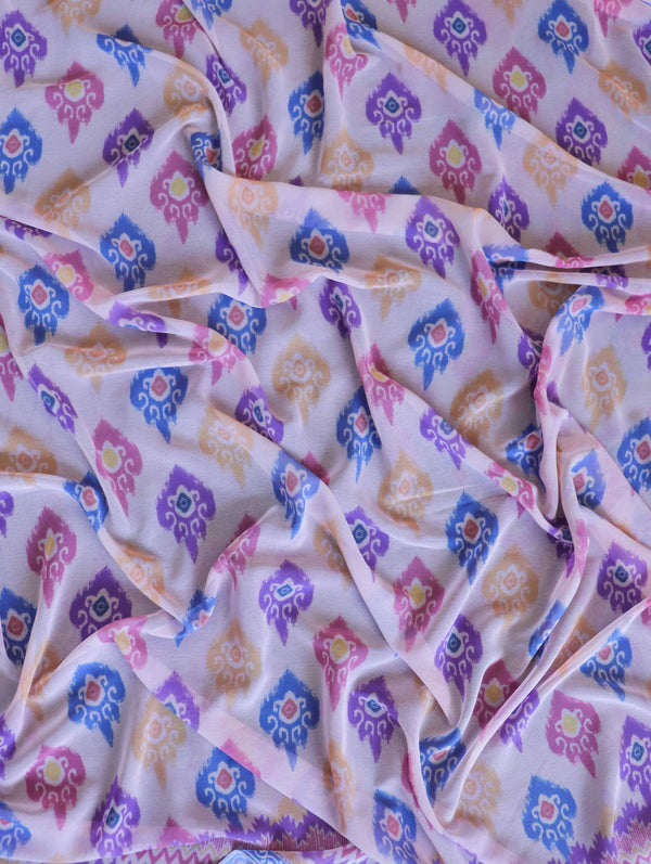 Banarasee Handwoven Faux Georgette Saree With Ikkat Print Design-Blush Pink