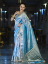 Banarasee Tissue Saree With Handwork Pearl Motifs Mirror Work & Scallop Border-Powder Blue