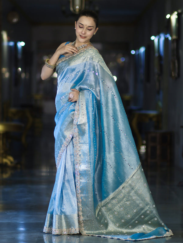 Banarasee Tissue Saree With Handwork Pearl Motifs Mirror Work & Scallop Border-Powder Blue