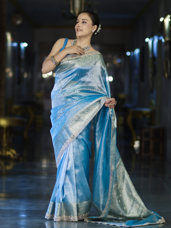 Banarasee Tissue Saree With Handwork Pearl Motifs Mirror Work & Scallop Border-Powder Blue