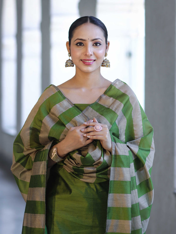 Banarasee Cotton Silk Stripe Pattern Salwar Kameez Fabric With Dupatta Set-Green