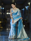 Banarasee Tissue Saree With Handwork Pearl Motifs Mirror Work & Scallop Border-Powder Blue
