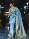 Banarasee Tissue Saree With Handwork Pearl Motifs Mirror Work & Scallop Border-Powder Blue