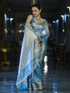 Banarasee Tissue Saree With Handwork Pearl Motifs Mirror Work & Scallop Border-Powder Blue