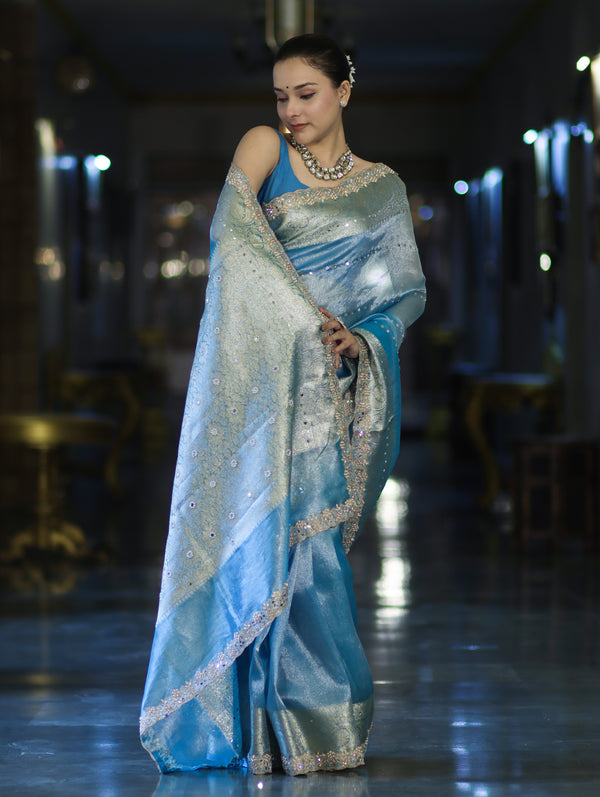 Banarasee Tissue Saree With Handwork Pearl Motifs Mirror Work & Scallop Border-Powder Blue
