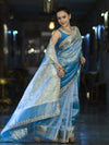 Banarasee Tissue Saree With Handwork Pearl Motifs Mirror Work & Scallop Border-Powder Blue