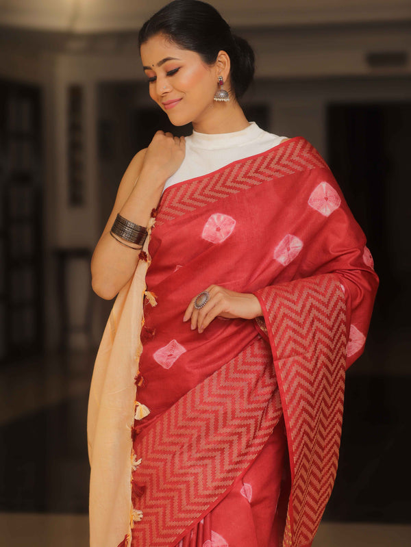 Bhagalpur Cotton Silk Shibori Dyed Ghichha Border Saree-Maroon